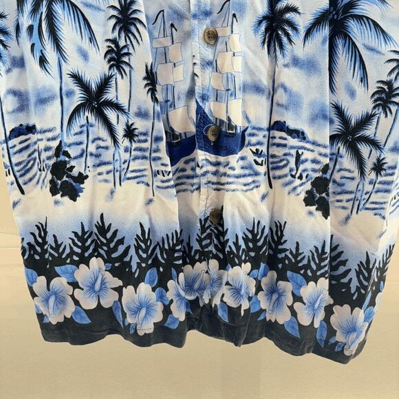 Pacific & Co Hawaiian Shirt Mens Large Blue Boats Floral Palm Trees Skyline - Picture 2 of 6
